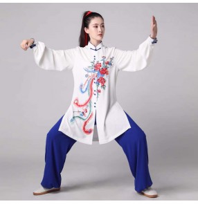 Tai Chi clothing Chinese kung fu uniforms for women white blue elastic linen embroidered phoenix Chinese Wushu taijiquan Tai Chi competition performance suit
